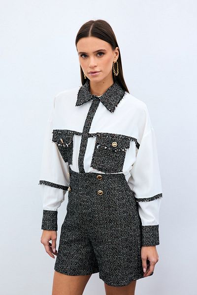 Sateen Cămașă din tweed cu buzunar de culoare cafea