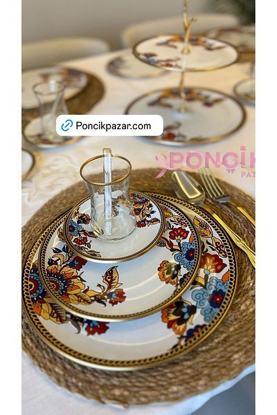 PONCİKPAZAR 31-Piece White Floral Breakfast and Cake Set for 6