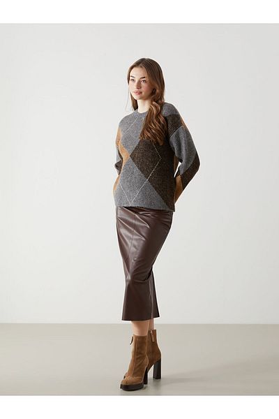 LC Waikiki Crew Neck Diamond Pattern Oversize Women's Knitwear Sweater - W4M097Z8