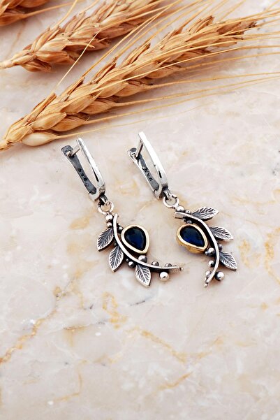 Sümer Telkari Safir Taşlı Yapraklı Dövme Elişi Gümüş Küpe 7215