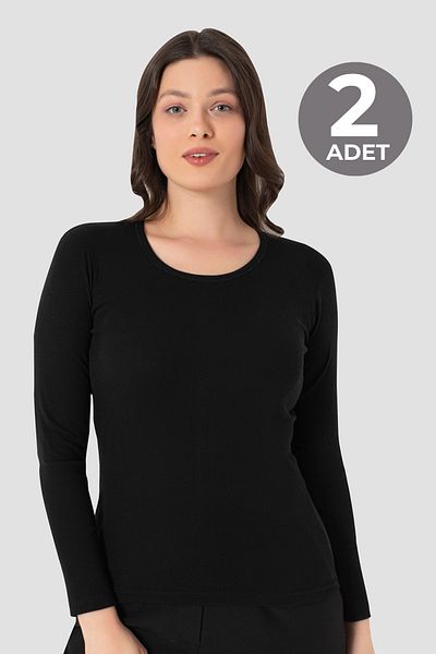 Arma Yıldız 2 Pcs Women's Black T-Shirt Crew Neck Long Sleeve Undershirt Badi 100% Cotton Rib