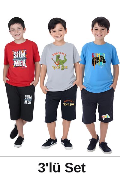 FYK COLLECTİON Set de 3 piese Dino Rock-Sum-Gamer pentru băiat cu mânecă scurtă cu buzunare duble Capri