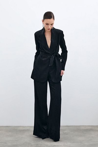 Sateen High Waist Patterned Trousers - Black