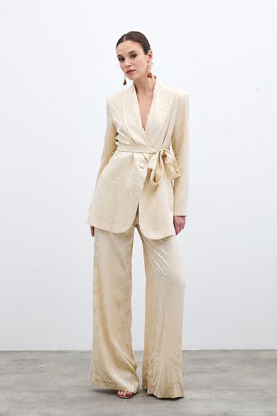 Sateen High Waist Patterned Trousers - Stone