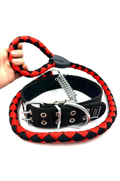 Tasma Market Black-Red Extra Sturdy Spring Dog Neck and Walking Collar Set