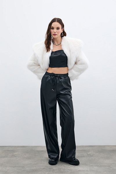Sateen Black Loose Leather Trousers