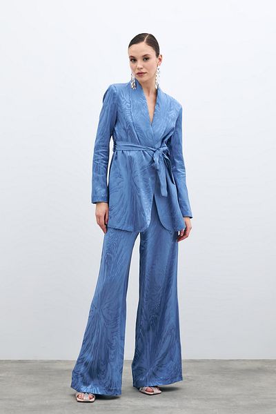 Sateen High Waist Patterned Trousers - Indigo