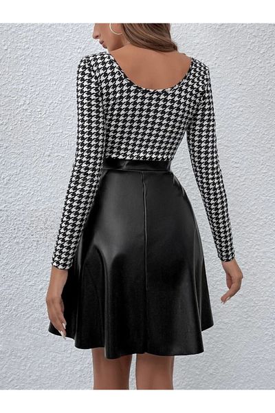 MODAVERA Women's Long Sleeve Square Collar Top Ribbon Diver Bottom Leather Short Dress