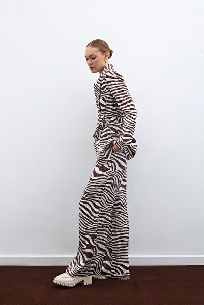 Sateen Salaş Zebra Desen Pantolon - Kahve