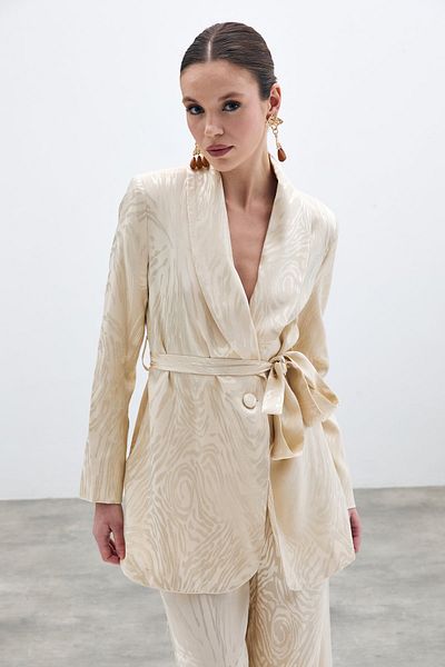Sateen معطف طويل منقوش بحزام حجري