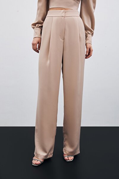 Sateen Pileli Saten Krep Pantolon - Bej
