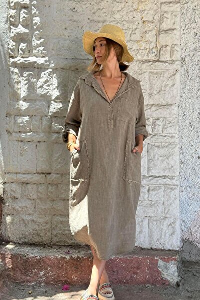 Şaman Butik Vizon Rengi Gömlek Yaka Dikiş Detaylı Cepli Elbise