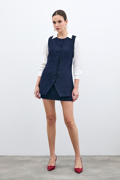 Sateen Buttoned Tweed Vest - Navy Blue