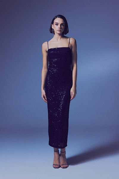 Sateen Rochie lungă cu paiete cu bretele - bleumarin