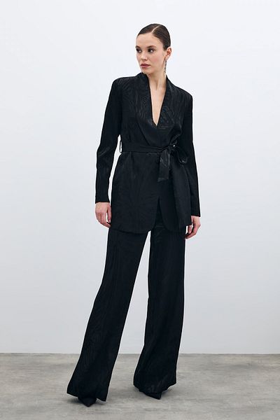 Sateen High Waist Patterned Trousers - Black