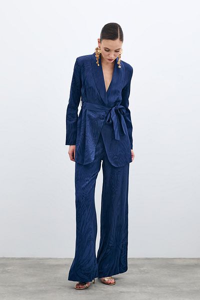 Sateen High Waist Patterned Trousers - Navy Blue