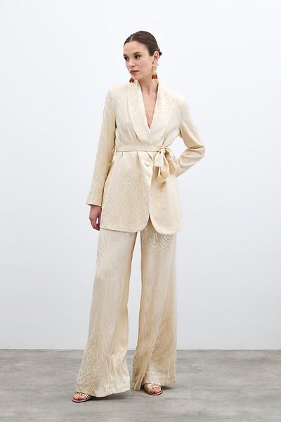 Sateen High Waist Patterned Trousers - Stone