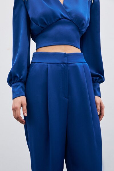 Sateen Pileli Saten Krep Pantolon - İndigo