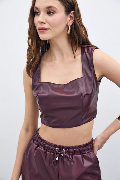 Sateen Square Collar Leather Crop - Claret Red