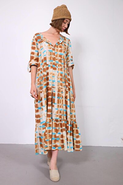 Şaman Butik Krem Rengi Desenli Salaş Elbise