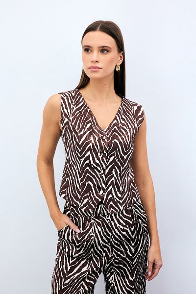 Sateen Zebra Pattern Short Vest - Brown