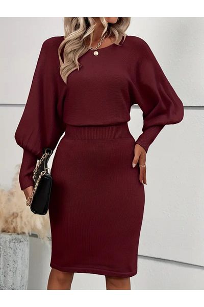 İpeksi Silky Women's Long Bat Sleeve Open Collar Waist Sitting Short Knitwear Dress