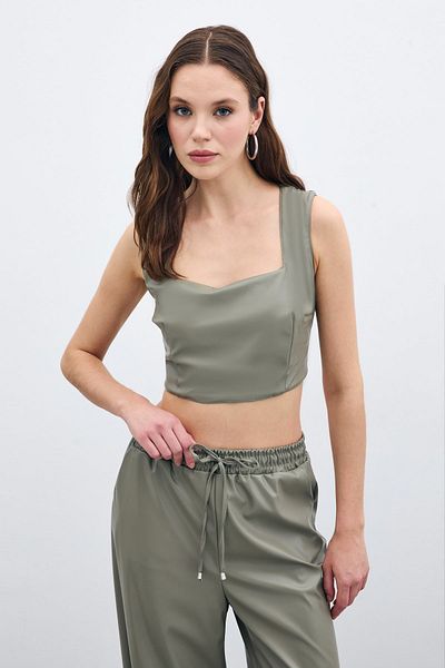 Sateen Square Collar Leather Crop - Green