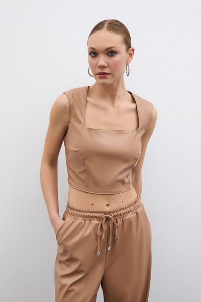 Sateen Beige Square Collar Leather Crop Top