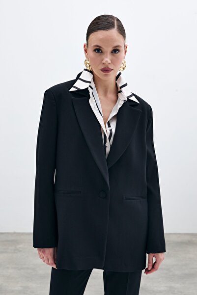 Sateen Μπροστινό μακρύ μπουφάν με ένα κουμπί - Μαύρο