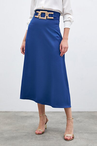Sateen Спідниця з атласного крепу з поясом - Sax Mavi