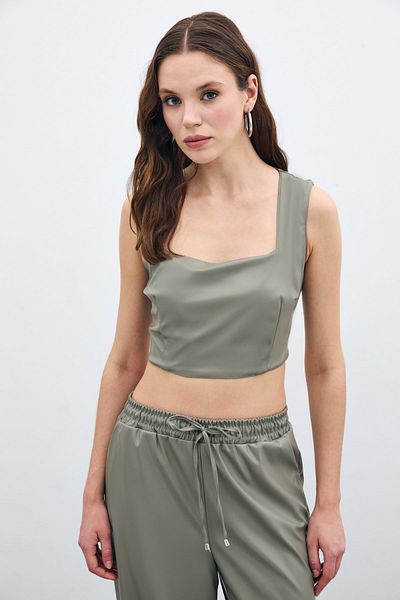 Sateen Square Collar Leather Crop - Green