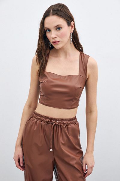 Sateen Square Collar Leather Crop - Brown