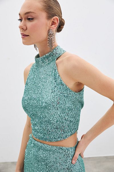 Sateen Sleeveless Sequined Blouse - Mint