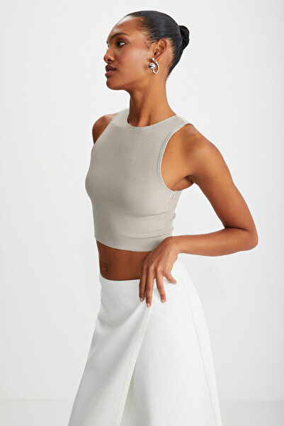 GRIMELANGE Tızıana Kadın Organik Pamuklu Fitilli Esnek Kumaşlı Crop Taş Rengi Bluz