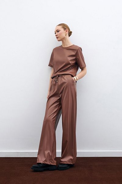 Sateen Καφέ casual δερμάτινο παντελόνι