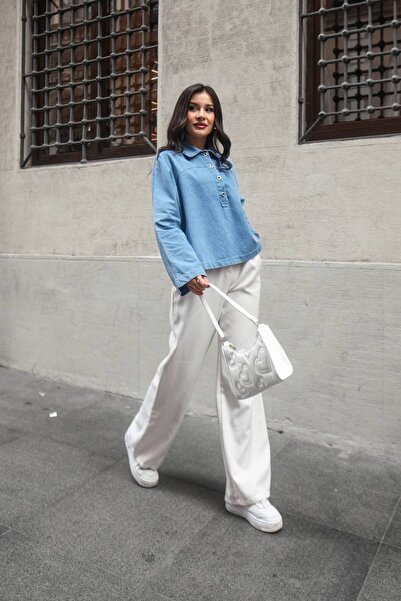 Molly Nelly Cămașă cu mânecă lungă din denim cu jumătate de plachetă pentru femei