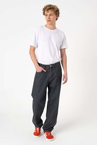 Oldstar Dark Grey Jean Pantolon Bol Kalıp Geniş Paça Normal Bel Koyu Gri Kot Pantolon %100 Pamuk