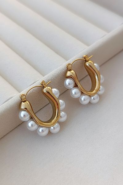 COSİTA Elegant Hoop Steel Earrings with Gold Minimal Pearl Detail