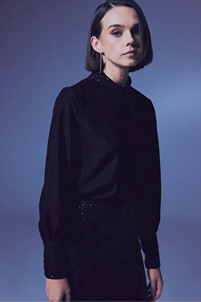 Sateen Payet Detaylı Gömlek - Siyah-Siyah