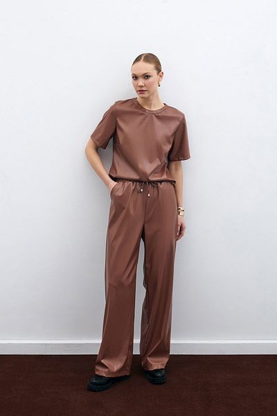 Sateen Καφέ casual δερμάτινο παντελόνι