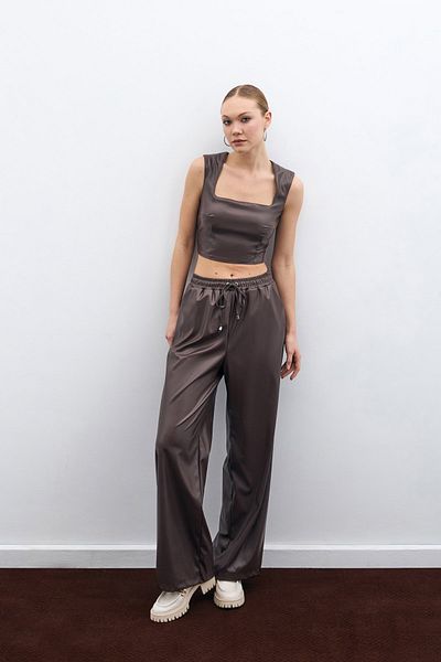 Sateen Loose Leather Trousers - Dark Brown