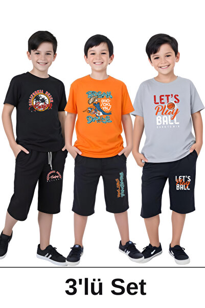 FYK COLLECTİON Комплект от 3 части за момче с къс ръкав, щампа на плажна топка и братовчед, горнище и долнище