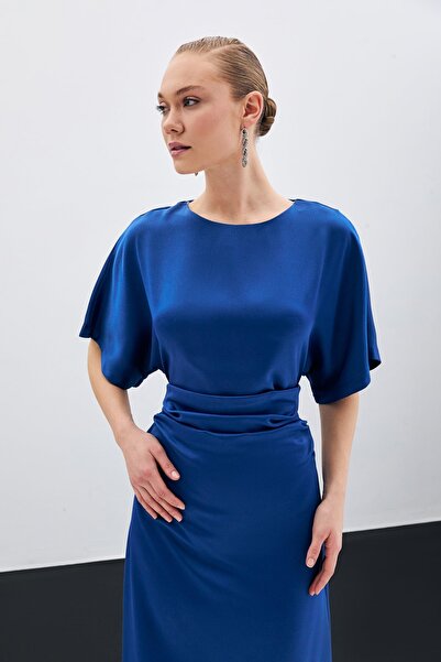 Sateen Büzgü Detaylı Krep Saten Elbise - Lacivert