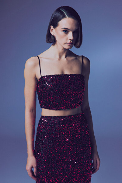 Sateen İp Askılı Payet Crop - Bordo