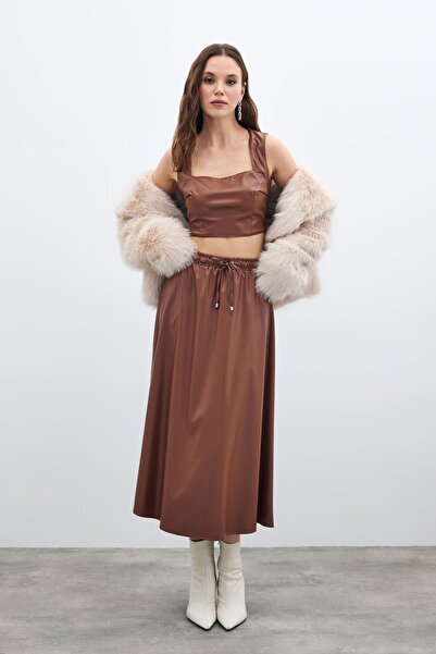 Sateen Bel Lastikli Deri Etek - Kahve