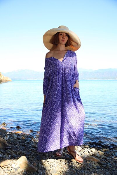 Şaman Butik Mor Çiçekli Önü Düğmeli Elbise