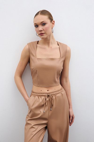 Sateen Beige Square Collar Leather Crop Top
