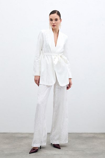 Sateen High Waist Patterned Trousers - Ecru
