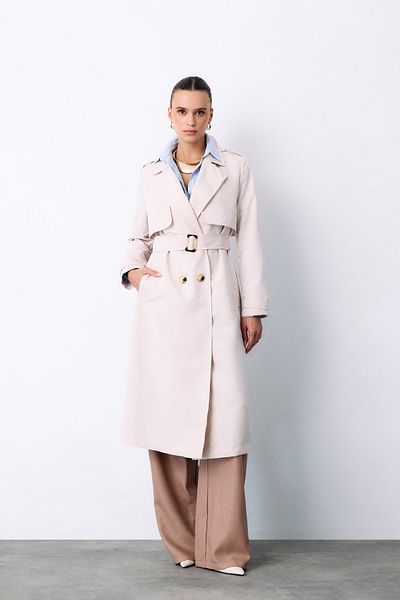 Sateen Stone Color Long Trench Coat with Belt