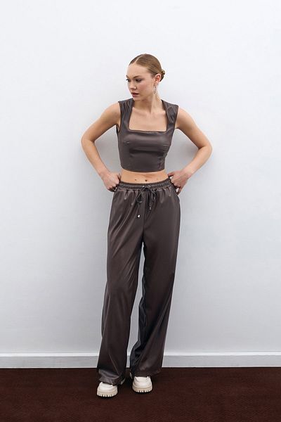 Sateen Loose Leather Trousers - Dark Brown